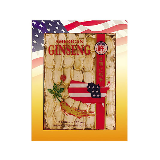 Hsu's Ginseng American Slices pack front for tea and cooking, premium Wisconsin ginseng