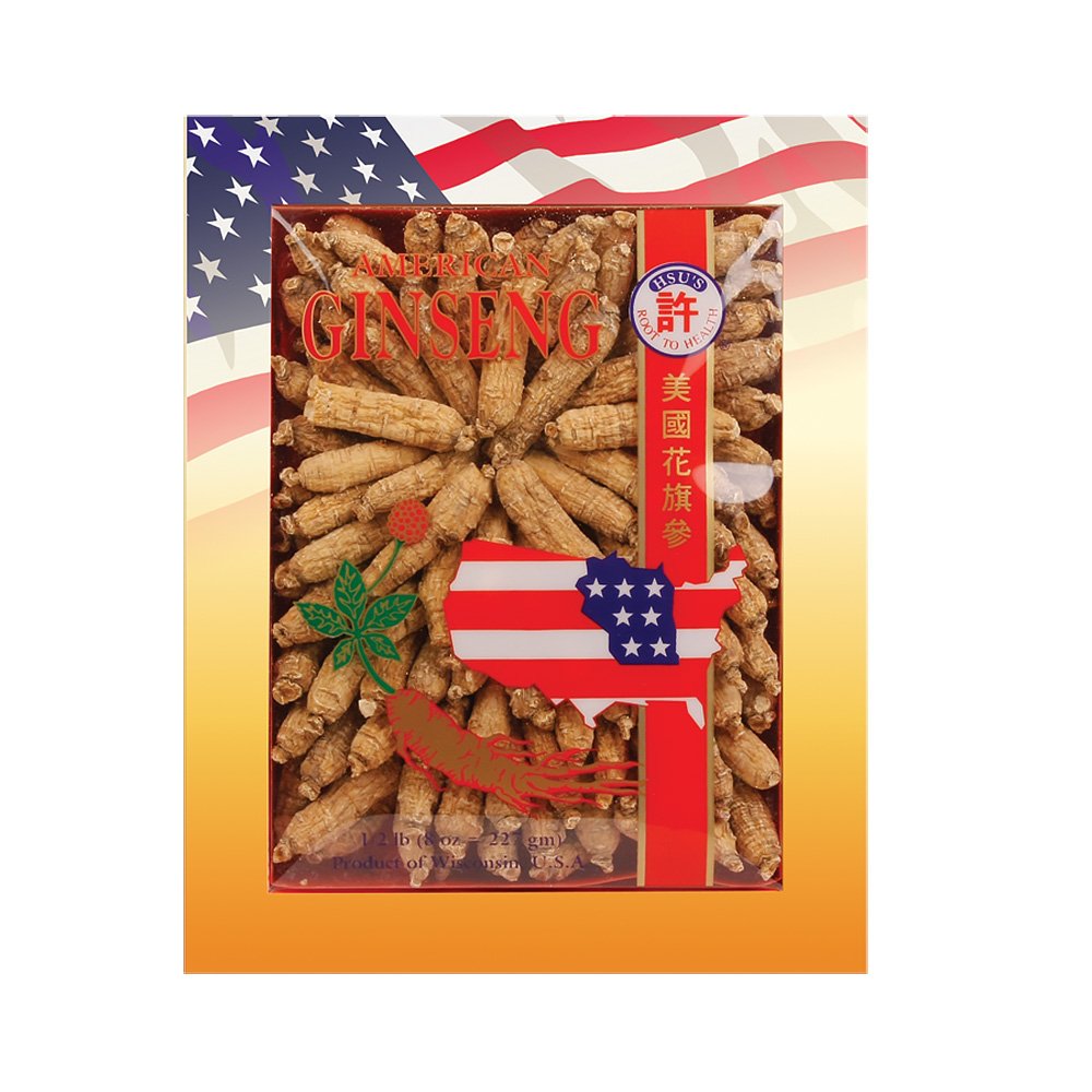 Hsu's Wisconsin American ginseng roots in an 8 oz box, ideal for tea infusion.