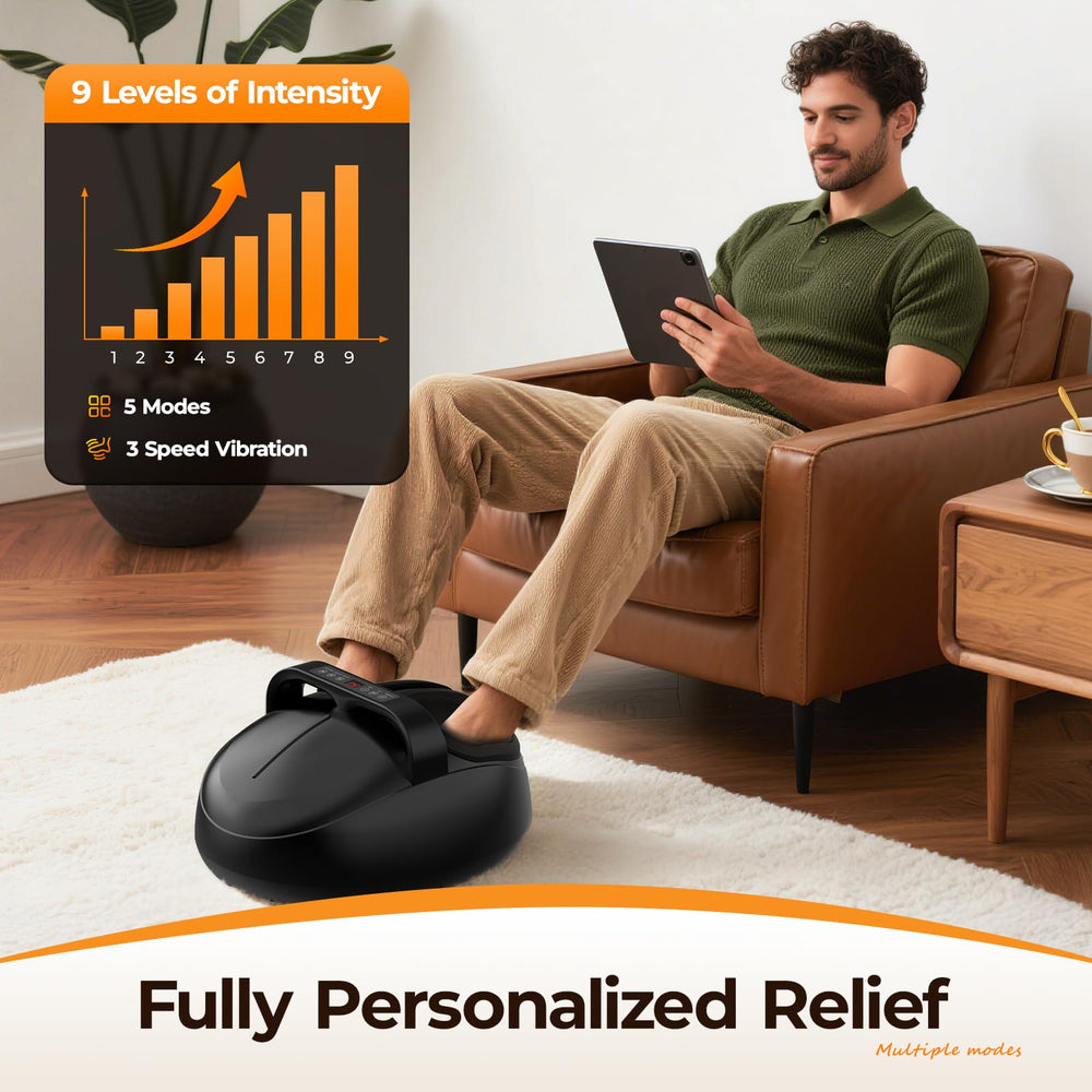 HTM Foot Massager with Heat features nine intensity levels for tailored sessions.