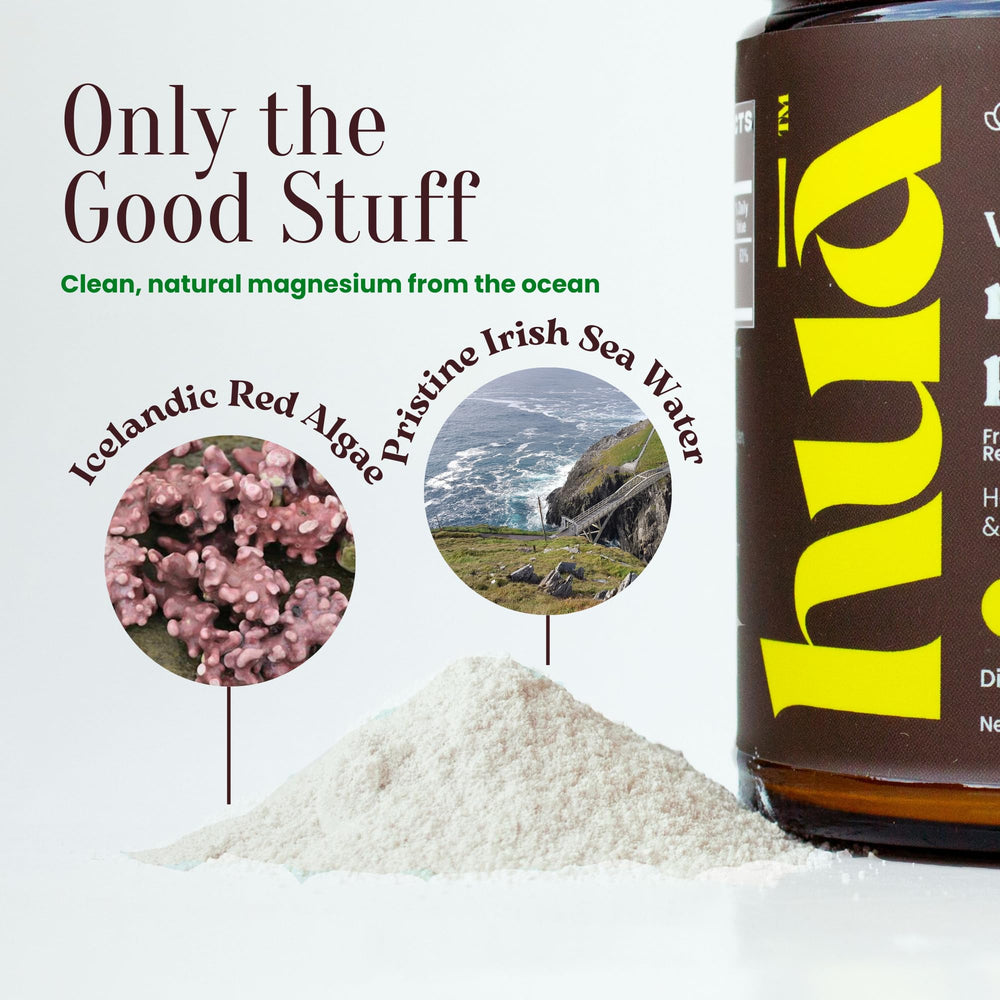 HUA Wellness magnesium powder used in evening routine to promote relaxation.