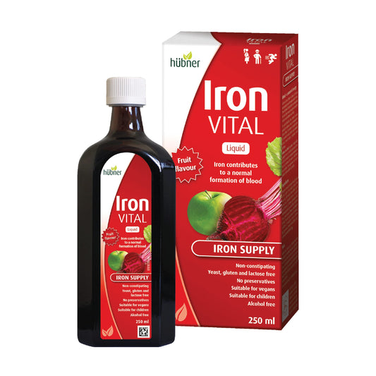 Hübner Iron Vital Liquid bottle front showing fruit flavor for easy daily iron support