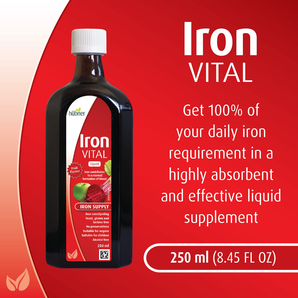 Hübner Iron Vital Liquid measuring doser highlighting simple adult and kid servings
