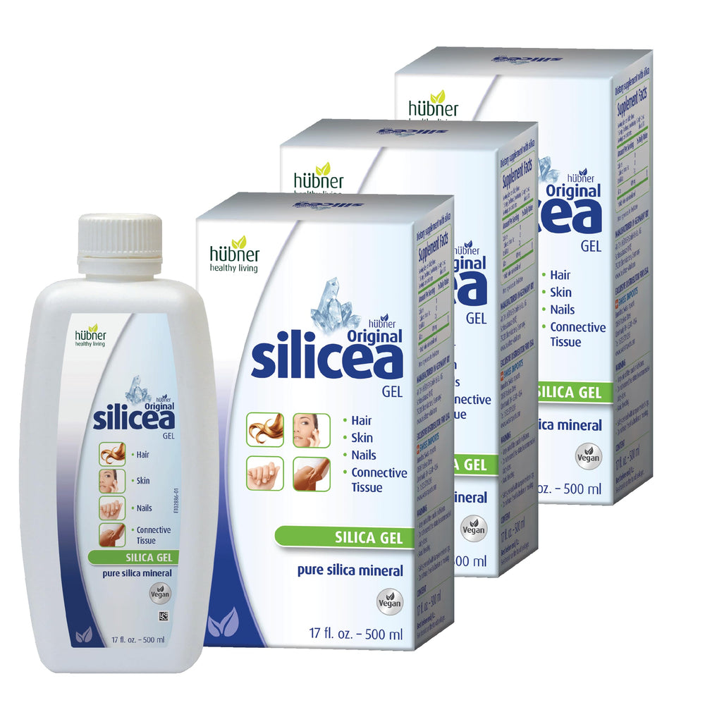 Hubner Silicea Gel three-pack front view highlighting value for hair, skin, and nails.