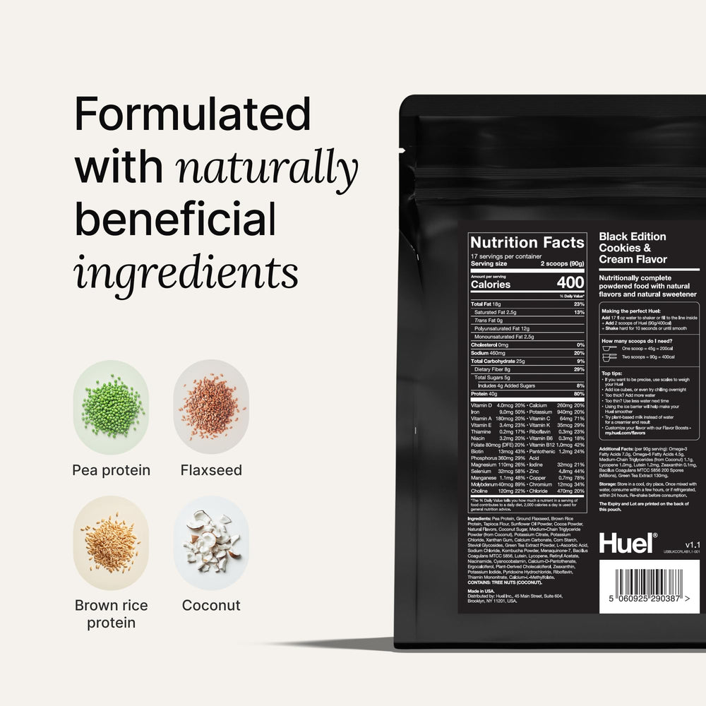 Huel Black Edition nutrition facts panel showing vitamins and minerals for daily support.