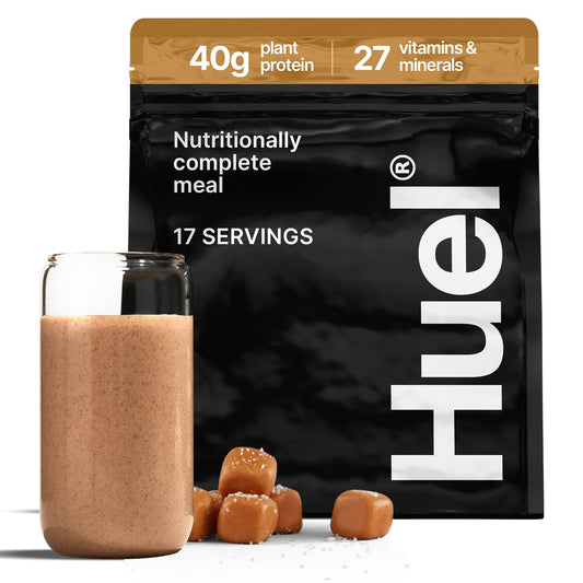 Huel Black Edition salted caramel powder for high-protein vegan meals