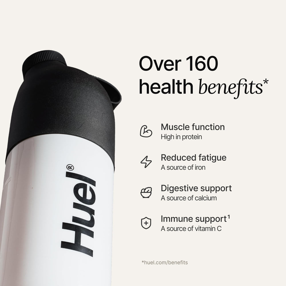 Huel Black Edition vegan and gluten-free label emphasizing dairy-free protein.