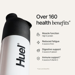 Huel Black Edition vegan and gluten-free label emphasizing dairy-free protein.