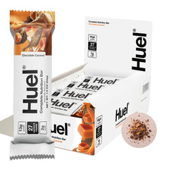 Huel Complete Nutrition Bar chocolate caramel package front, high-protein plant-based snack.