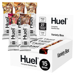 Huel Complete Nutrition Bars variety pack packshot showing a convenient plant-based snack for on-the-go energy