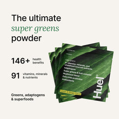 Close-up of Huel Daily Greens label highlighting 91 nutrients