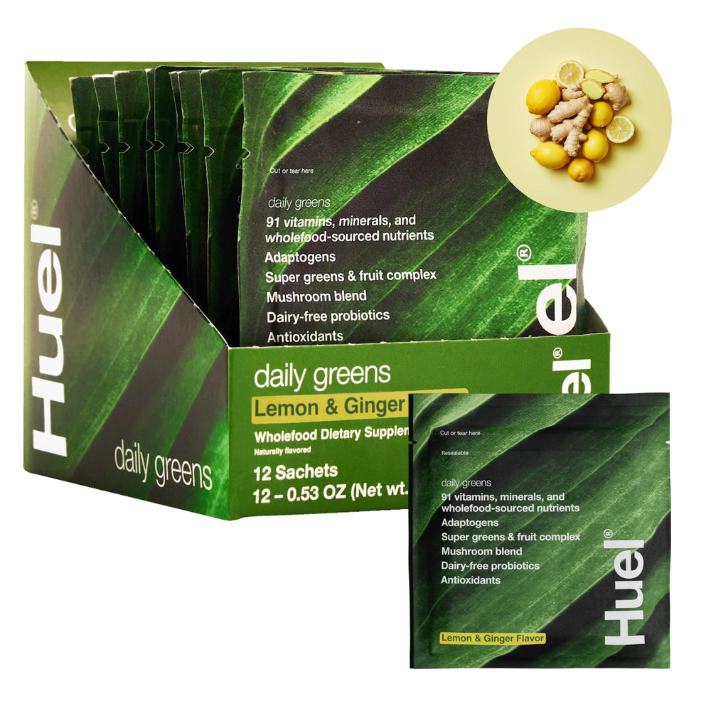 Huel Daily Greens lemon-ginger bottle shows refreshing morning flavor and nutrition