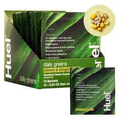 Huel Daily Greens lemon-ginger bottle shows refreshing morning flavor and nutrition