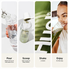 Huel Daily Greens packaging side view with branding.