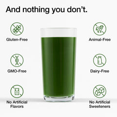 Huel Daily Greens bottle graphic illustrating probiotics and adaptogens