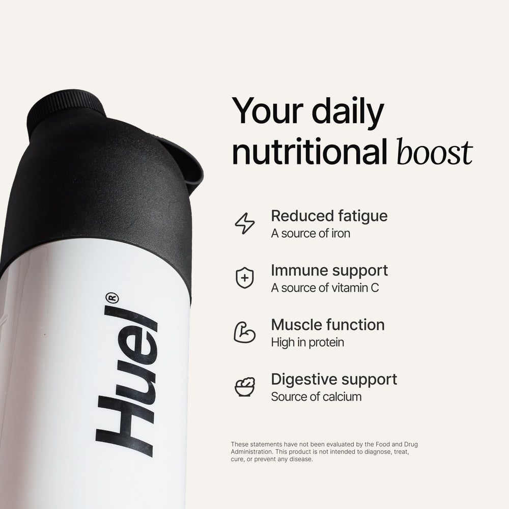 Huel Daily Superblend Vanilla label close-up highlighting 87 vitamins and minerals for daily nourishment.