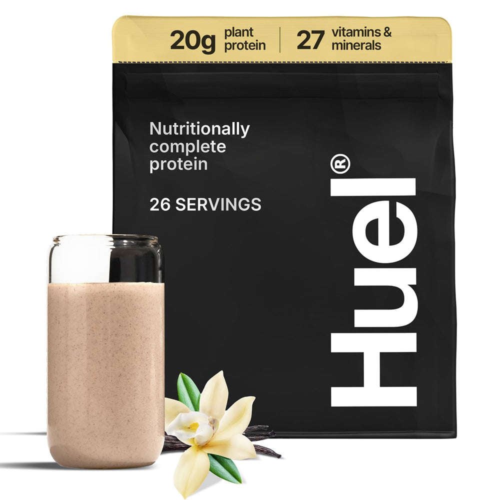 Huel Vanilla Complete Protein tub displayed for daily vegan nutrition