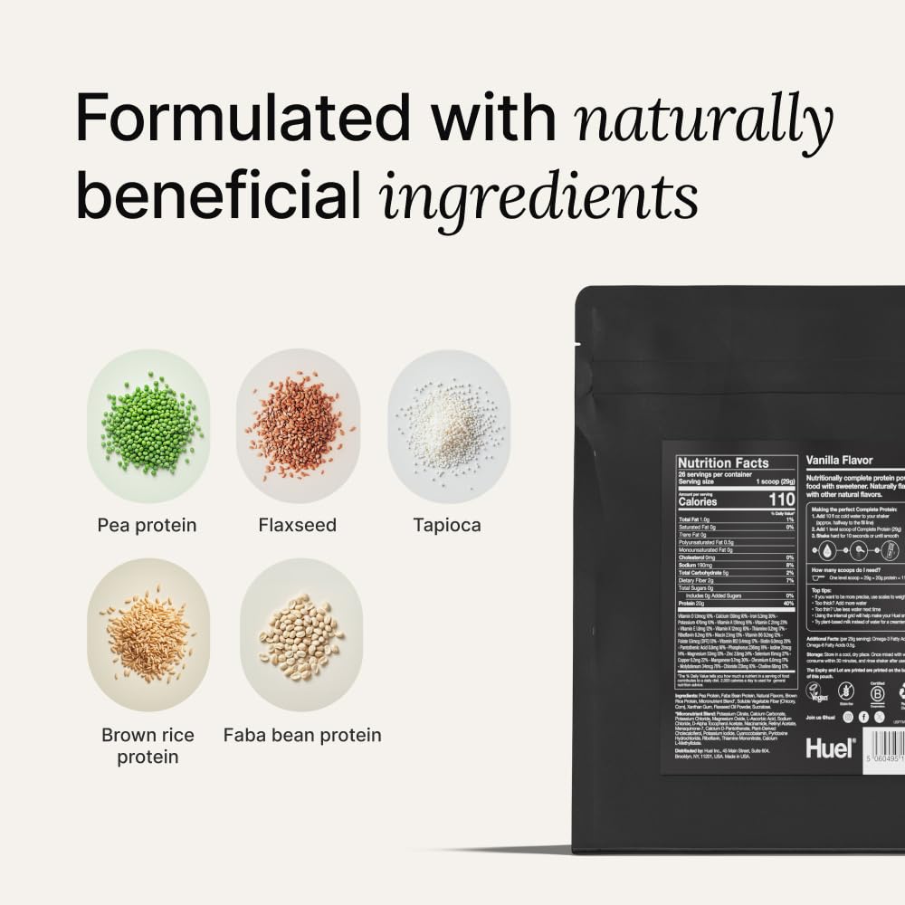 Huel Vanilla label highlighting no artificial colors or flavors