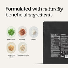 Huel Vanilla label highlighting no artificial colors or flavors