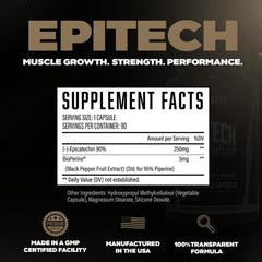 Huge Supplements Epitech Epicatechin label close-up showcases 90% purity and BioPerine for absorption.