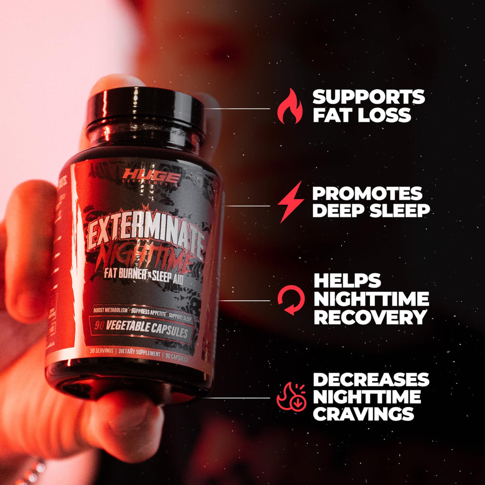 Huge Supplements Exterminate Night Time capsules close-up highlight stimulant-free formula