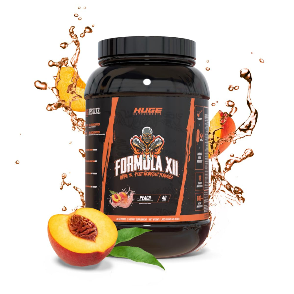 Huge Supplements Formula XII bottle pour showing fast-acting intra workout fuel for sustained energy.