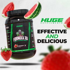 Huge Supplements Formula XII flavor close-up emphasizes strawberry watermelon taste during training.