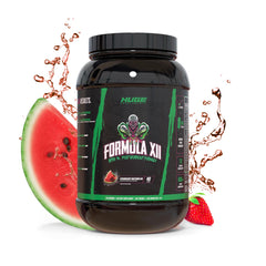 Huge Supplements Formula XII tub with strawberry watermelon powder for sustained energy during workouts.