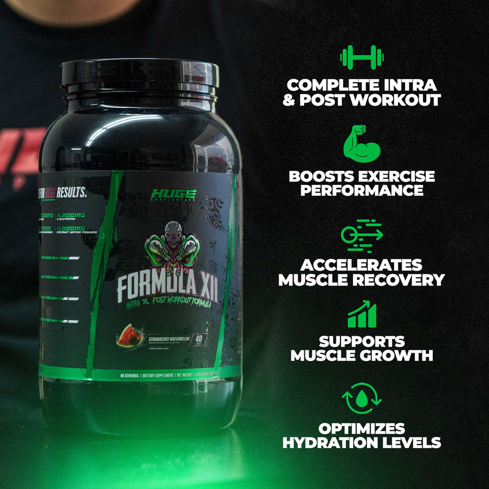 Huge Supplements Formula XII prepared drink highlights hydration and electrolytes for endurance.