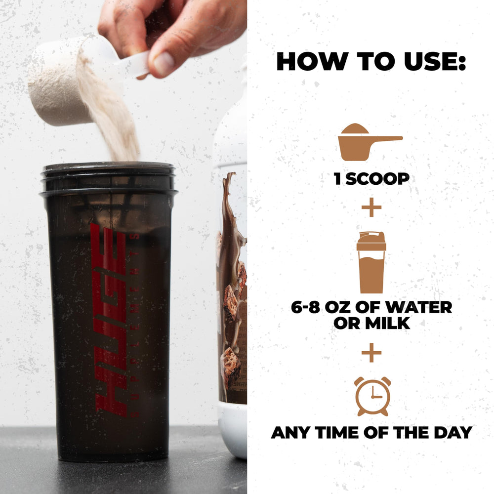 Huge Supplements Huge Whey Chocolate Peanut Butter tub on kitchen counter.