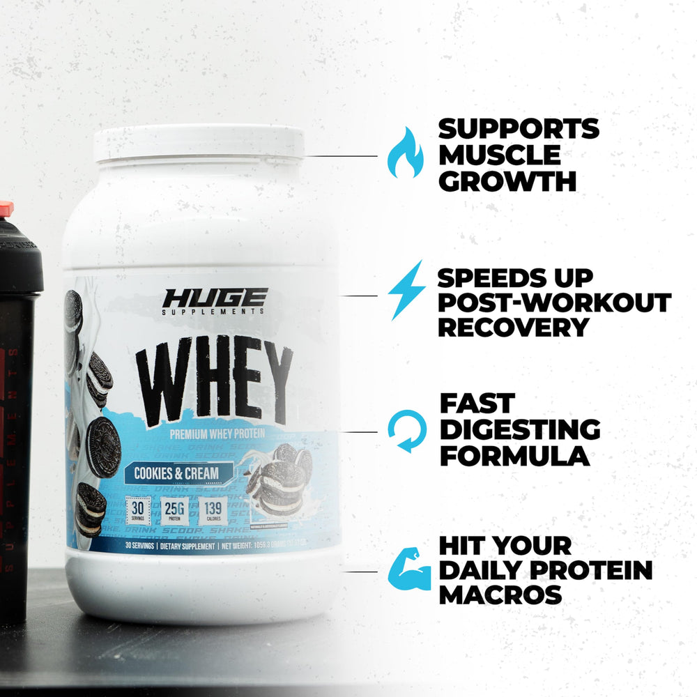 Huge Whey shake glass scene highlights easy mixability for post-workout fueling