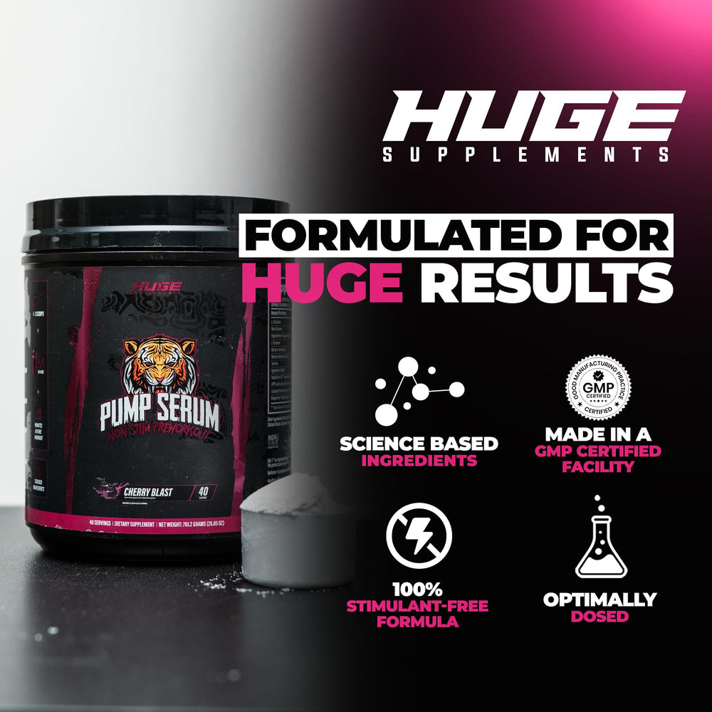 Huge Supplements Pump Serum ingredients graphic featuring L-Citrulline and NO boosters