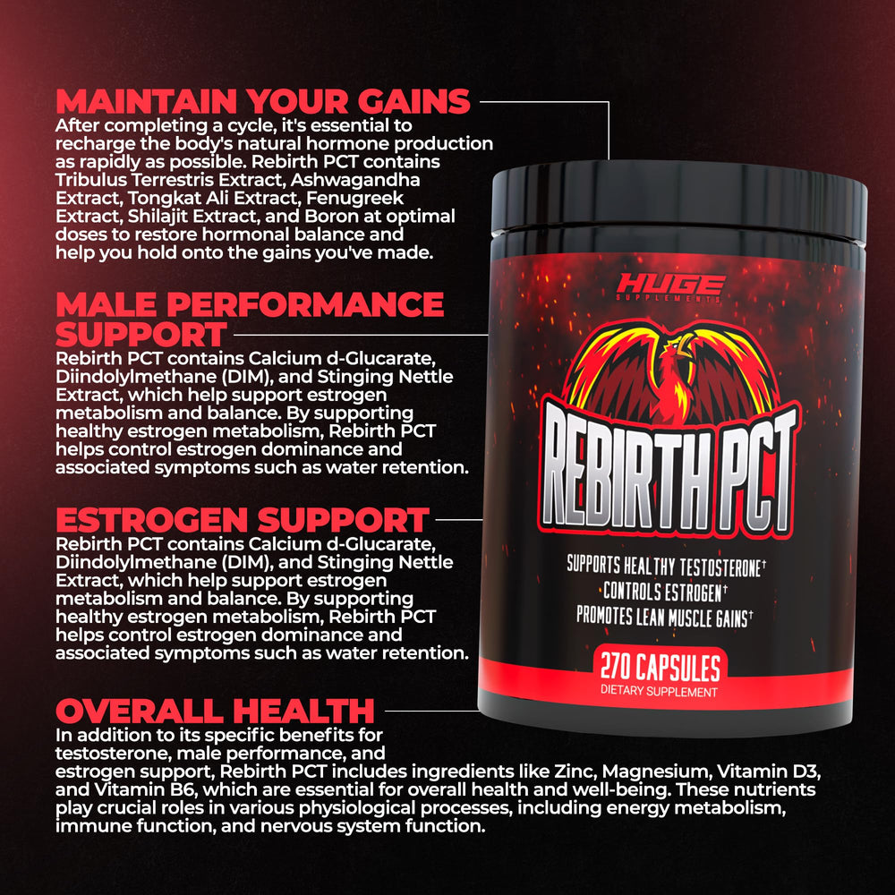 Huge Supplements Rebirth PCT label detail reveals 19 scientifically backed ingredients and dosages.