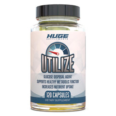 Huge Supplements Utilize bottle front showing GDA capsules for metabolic support