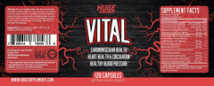 Huge Supplements Vital label and packaging emphasizes vegan, GMP-certified quality.