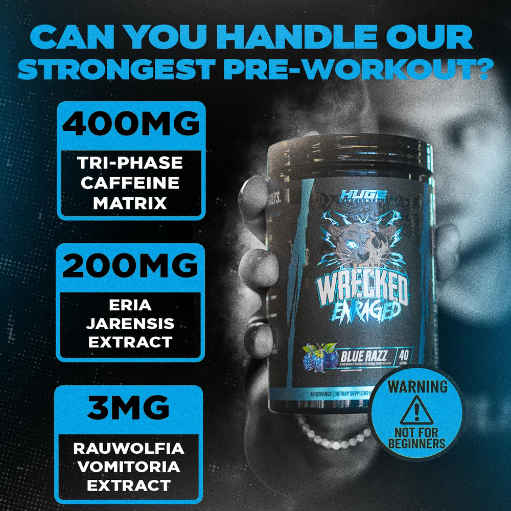 Huge Supplements Wrecked Enraged packaging close-up emphasizing premium formula