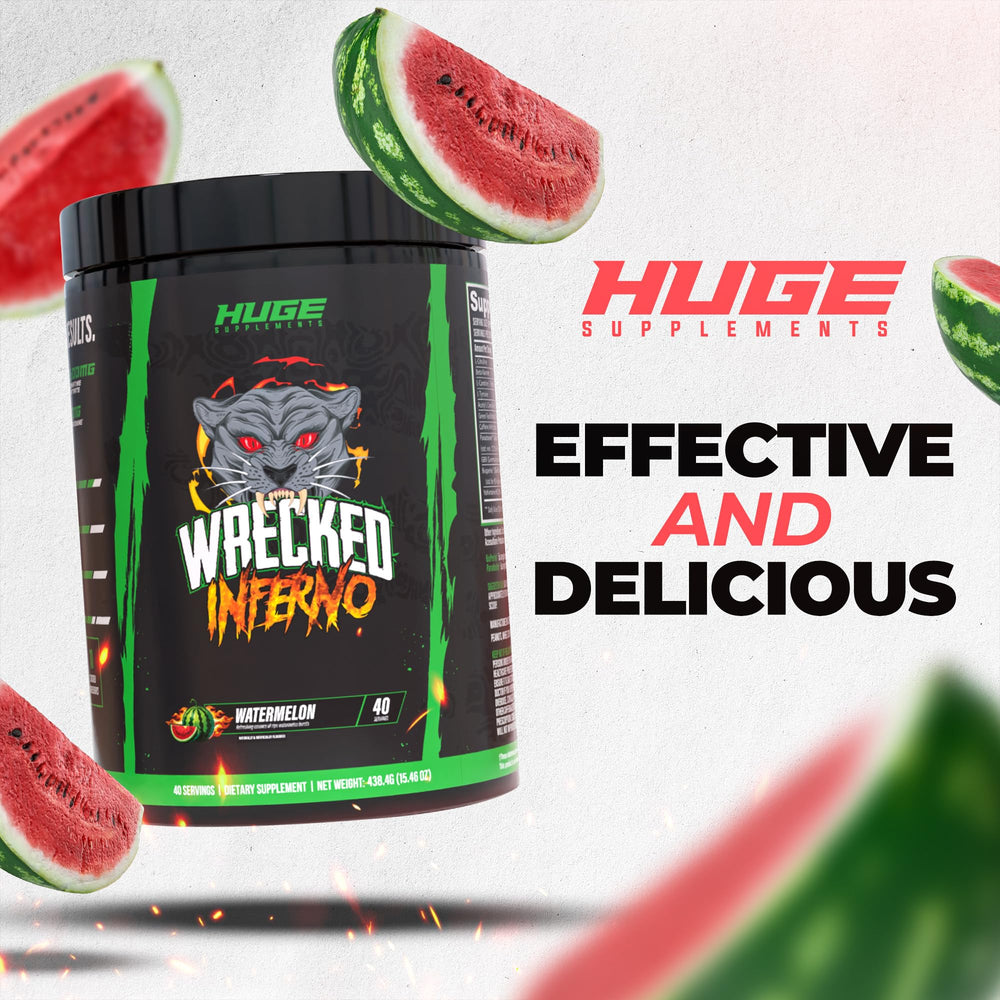 Huge Supplements Wrecked Inferno ingredient panel highlights thermogenic compounds and energy boosters.