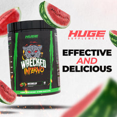 Huge Supplements Wrecked Inferno ingredient panel highlights thermogenic compounds and energy boosters.