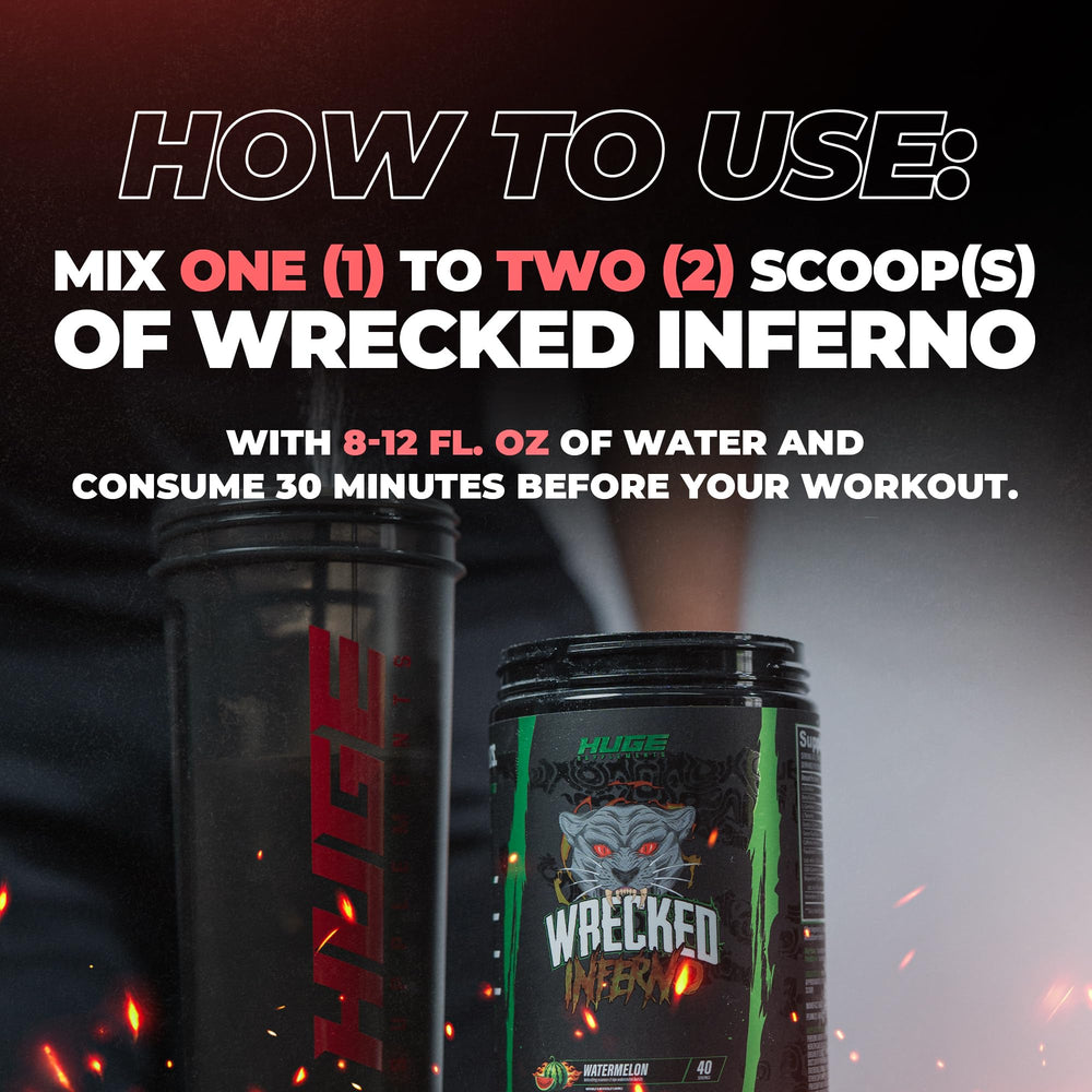 Huge Supplements Wrecked Inferno pre-workout mix dissolves smoothly for training sessions.
