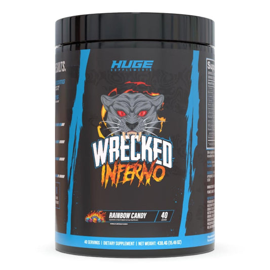Huge Supplements Wrecked Inferno tub front with Watermelon flavor, energizing pre-workout
