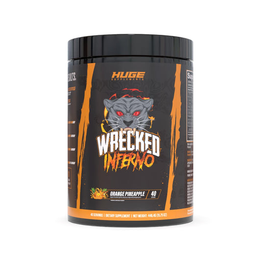 Huge Supplements Wrecked Inferno tub and scoop ready for a powerful pre-workout boost.