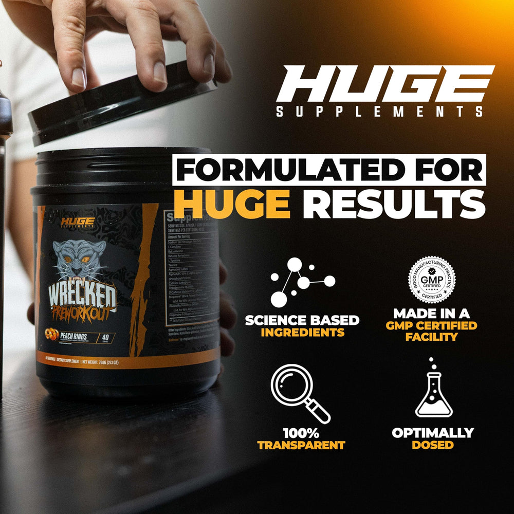 Huge Supplements Wrecked ingredients panel showcases scientifically backed components for endurance and pumps.