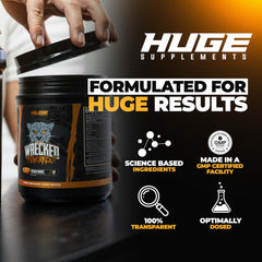 Huge Supplements Wrecked ingredients panel showcases scientifically backed components for endurance and pumps.