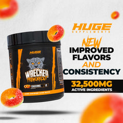 Huge Supplements Wrecked mixing-glass demonstrates quick blend for pre-workout routines.