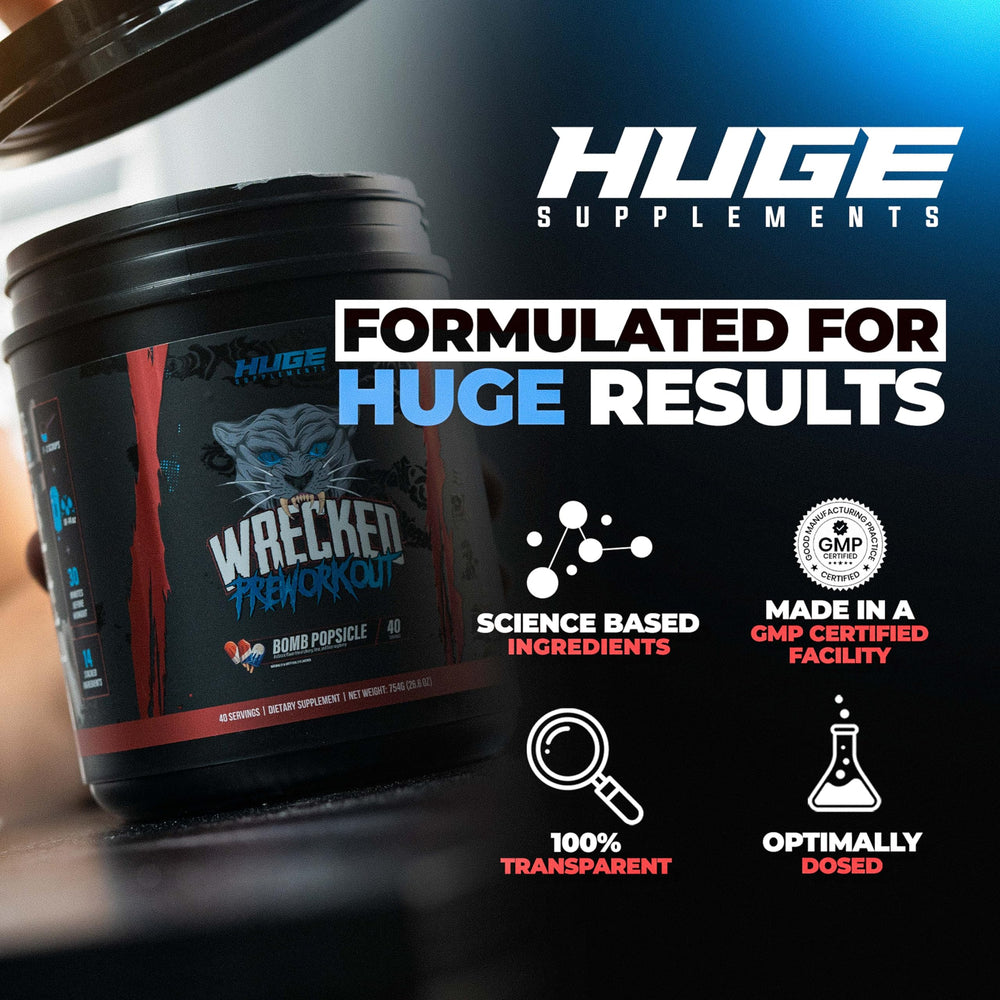 Huge Supplements Wrecked powder being mixed in a shaker for smooth texture.