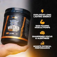 Huge Supplements Wrecked Pre-Workout tub-front emphasizes energy-boosting blend for gym sessions.
