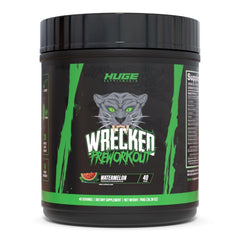 Huge Supplements Wrecked Watermelon tub front showcases energy-boosting pre-workout.