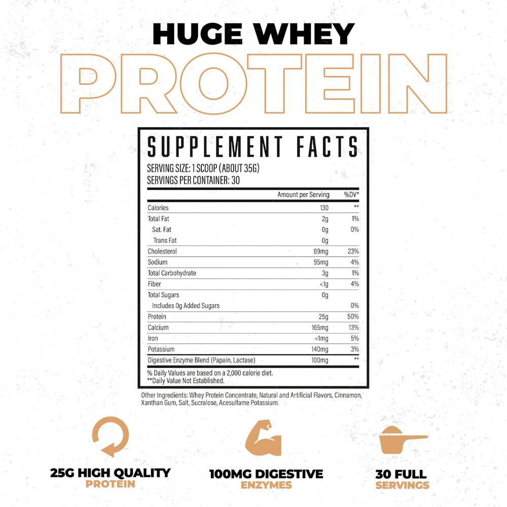 Array of Huge Whey flavors including Cinnamon Bun for variety