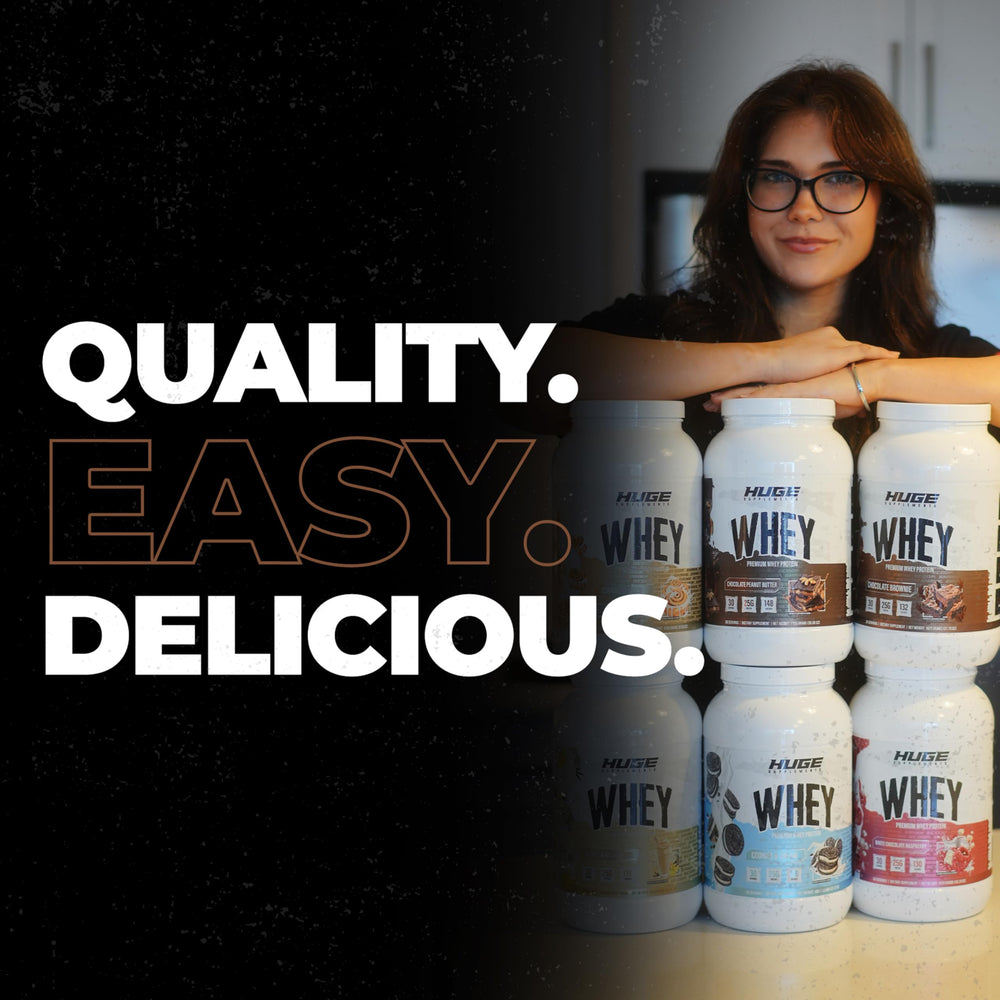 Huge Whey nutrition panel highlights 25 g protein and 12 g EAAs