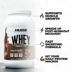 Huge Whey scoop close-up highlighting quick-dissolve texture for easy shakes