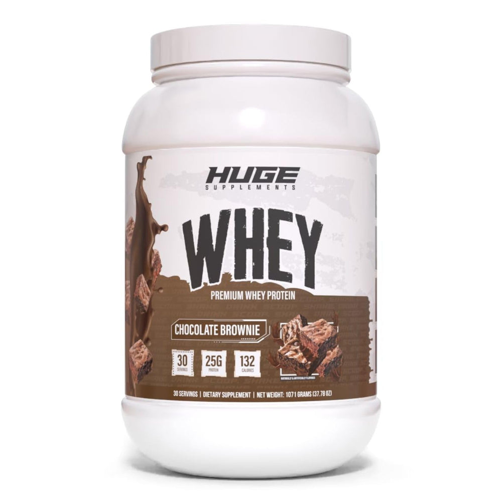 Huge Whey tub front with packaging for protein-packed workouts